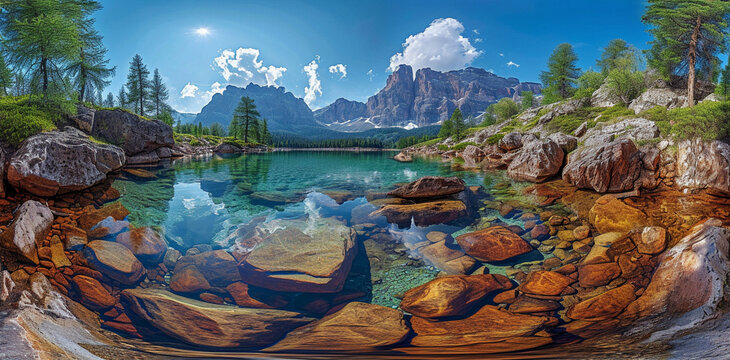 Spherical 360 degrees seamless panorama view in equirectangular projection,  natural landscape of a lake in an alpine valley with  transparent green waters and a beautiful mountain panorama ahead