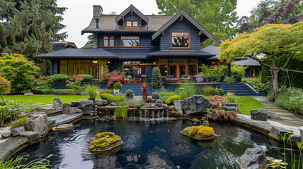 A craftsman house in a rich sapphire blue, with a backyard featuring an elaborate water feature and a series of small islands.