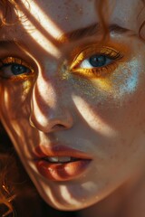 beautiful woman with gold colour bacground mixed with blue, shadows from Sun rays, soft atmosphere, 