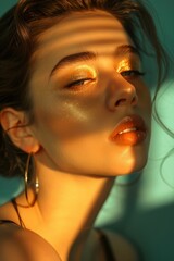 beautiful woman with gold colour bacground mixed with blue, shadows from Sun rays, soft atmosphere, 