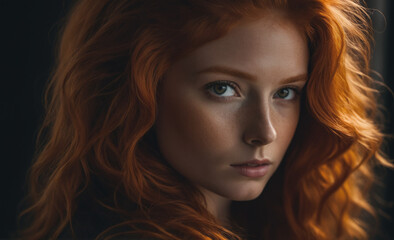 Naklejka premium Portrait of a beautiful red-haired model, a ginger model with a face of beauty and red hair, noir, contrast, color paint, multiple colors , detailed