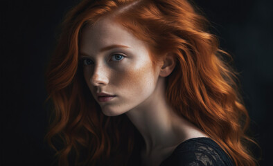 Fototapeta premium Portrait of a beautiful red-haired model, a ginger model with a face of beauty and red hair, noir, contrast, color paint, multiple colors , detailed