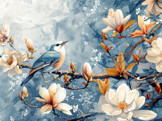 uccellino in piedi su un ramo di un albero pieno di fiori, linee dorate su uno sfondo bianco, circondato da nuvole bianche L'immagine è dipinta in stile inchiostro 