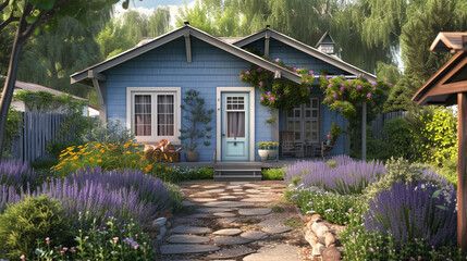 A craftsman style house painted in a soft powder blue, with a backyard that has a quaint tea garden and a flagstone sidewalk surrounded by lavender bushes.