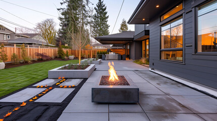 A craftsman style house in a cool slate color, featuring a backyard with a sleek fire table and a stamped concrete sidewalk that creates a modern landscape.