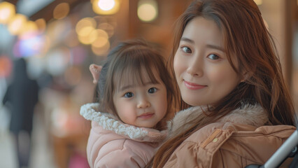 Warm Mother-Daughter Embrace in Glowing City Lights