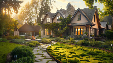 A craftsman style house in a soft peach tone, featuring a backyard with a stone fire pit area and a moss-covered sidewalk winding through a fairy-tale inspired garden. 