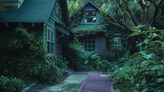A craftsman style house in a deep plum color, featuring a backyard with a secret garden hidden by ivy-covered walls and a rustic wooden sidewalk. The photo is taken in the mystical light of dusk.