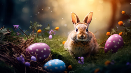Easter bunny near colorful eggs in a magical forest, perfect for Easter celebrations, springtime events, and holiday-themed projects.