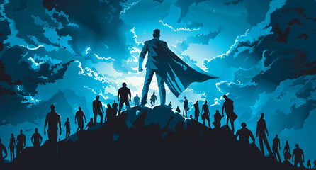 Businessman super hero leading group of people