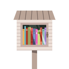 Neighborhood Little Free Book Library - Share a Book Concept, Summer Reading - Flat Vector Illustration