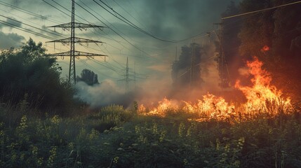 A juxtaposition of nature and danger, with greenery around and burning dry grass in a park glade under power lines. - obrazy, fototapety, plakaty