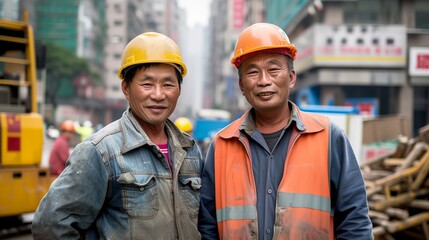 two men in construction gear standing in a city with buildings in the background