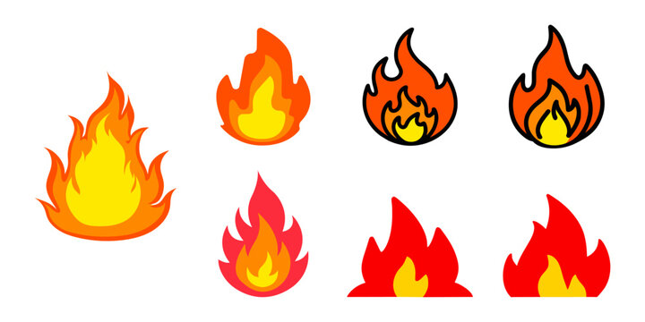 Cartoon campfire. Fire flames, bright fireball, heat wildfire and red hot bonfire, campfire, red fiery flames isolated vector illustration set. Animated form and square, fireball and flame