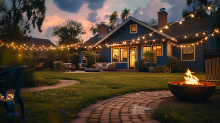 A midnight blue craftsman style house featuring a cozy backyard with a fire pit and string lights, and a brick sidewalk that weaves through a well-manicured lawn. - obrazy, fototapety, plakaty