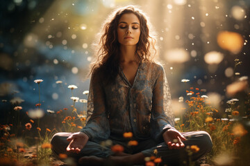 A woman is sitting in a field of flowers, meditating