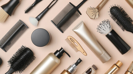 A neatly organized presentation of various haircare products, highlighting brushes, combs, and tools.