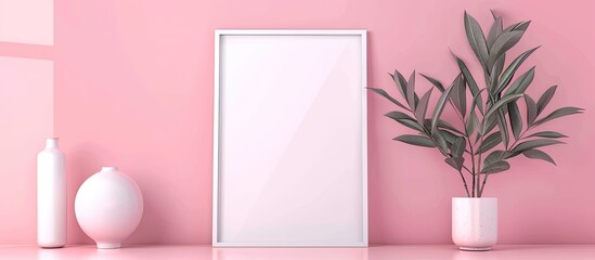 In the room, there is a rectangular pink picture frame next to a terrestrial plant with magenta and...