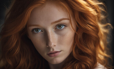 Portrait of a beautiful red-haired model, a ginger model with a face of beauty and red hair, noir, contrast, color paint, multiple colors , detailed