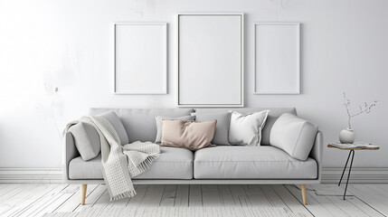 A Scandinavian-inspired living space with a light gray sofa and white empty frames as a backdrop for art.