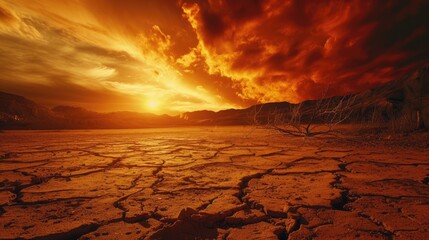 A stark, barren landscape under a reddish sky, symbolizing a future affected by unchecked CO2...