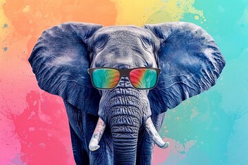 African elephant with sunglasses on colorful grunge background. Summer vacation concept