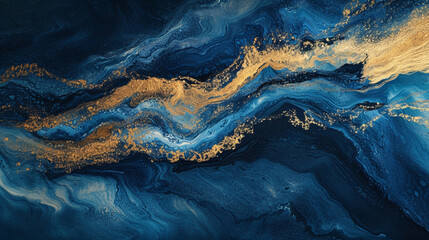 A visual journey of indigo and goldenrod paints, intertwining to craft an abstract scenic artwork.