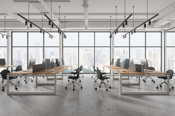 White open space office interior. Light comfortable workspace. Panoramic windows, industrial style