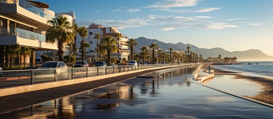 beautiful Albir town with main boulevard promenade, seaside beach and Mediterranean sea