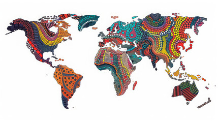 world map illustrated with a vibrant tapestry of colors and patterns, symbolizing a diverse and interconnected global culture.