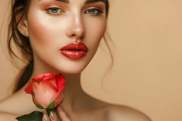 Fototapeta na wymiar Beautiful woman with perfect lips and manicure holds a rose in her hand 