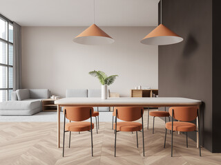 White and brown dining room and living room interior - obrazy, fototapety, plakaty