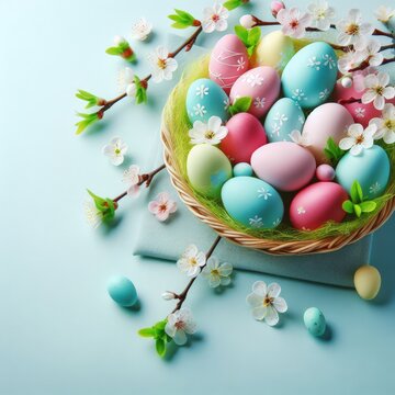colorful small easter eggs with flowering branches on a light blue background with copy space - easter card background - spring design element