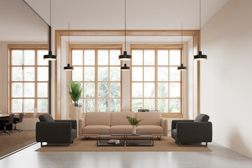 White office waiting room interior with couch and mirror
