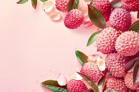 Fresh lychees with leaves on pink background. Top view, flat lay. Generative AI