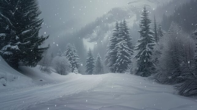 Heavy snowfall on a mountain pass, with snowdrifts obscuring the path and pine trees.