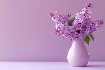 Bouquet of beautiful spring flowers of lilac in a vase on a white vintage wooden board, home decor in a rustic style. Generative AI. - obrazy, fototapety, plakaty