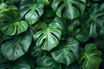 Fototapeta na wymiar Tropical green leaves background. Monstera deliciosa plant. Generative AI