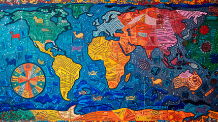 Textured world map with abstract patterns, ideal for global themes in travel, education, and multicultural marketing.