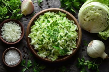 Fresh chopped cabbage and parsley in a bowl on a dark wooden background. Generative AI - obrazy, fototapety, plakaty