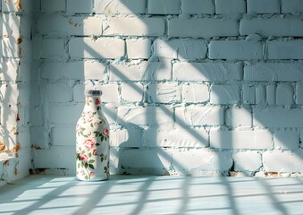 vintage thermos bottle with a romantic floral pattern on the table, a wall of pastel blue bricks, window shadow play. - obrazy, fototapety, plakaty