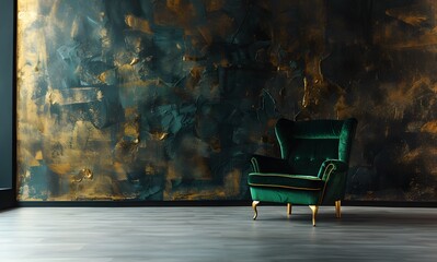 vintage velvet green armchair, part of a luxurious minimalist interior, dark wallpaper. - obrazy, fototapety, plakaty