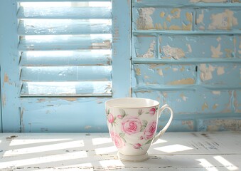 Vintage porcelain coffee or tea cup with romantic floral pattern, wooden shutters on the window and brick wall, Mediterranean interior, shabby chic style.