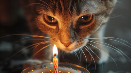 A captivating moment as a cat gently sniffs at a single, tiny birthday candle set atop a safe, cat-friendly treat, with eyes full of wonder. - obrazy, fototapety, plakaty