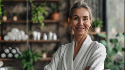 Skincare wellness spa procedures advertising concept with a happy cheerful middle aged woman wearing bathrobe at spa salon or hotel relax zone looking at camera - obrazy, fototapety, plakaty