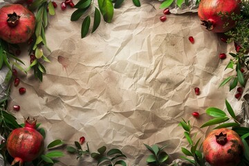 Crumpled Craft Paper Background with Pomegranate and Greens Top View. Wrinkled Brown Wrapping Paper