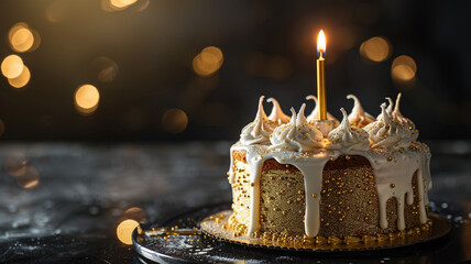 A glittering gold birthday cake with sophisticated white icing details and a single golden candle, set against a dark, moody background for contrast.