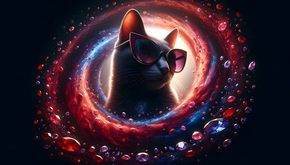 Cat Wearing Dark Sunglasses Amidst Swirling Vortex of Rubies and Sapphires