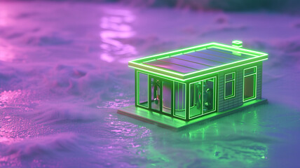 A glowing neon green miniature house, symbolizing energy and futuristic vibes, on a soft, matte lavender surface.
