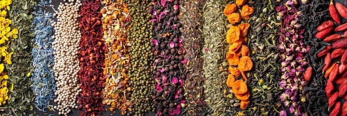 Herbal Tea Mixes Set Top View Flat Lay on Natural Background. Dry Organic Healthy Tea Leaves, Fruits, Flowers